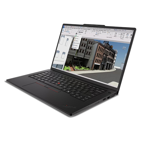 Front, right side view of the Lenovo ThinkPad P14s Gen 7 (14" Intel) laptop showcasing an architectural design on its screen with a black keyboard.