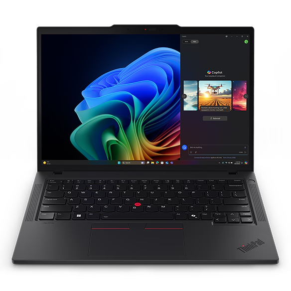 ThinkPad T14 Gen 6 (14" AMD) laptop, Eclipse Black – front view, lid open, with Copilot interface on the display against a Windows bloom desktop background