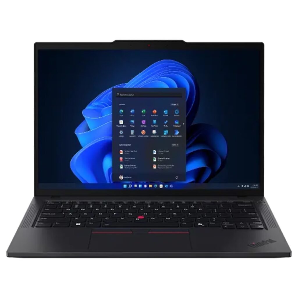 Far-off view of Lenovo ThinkPad T14 Gen 5 (14” AMD) Eclipse Black laptop opened at 90 degrees, focusing its keyboard & display with Windows Copilot menu opened on the right of screen.