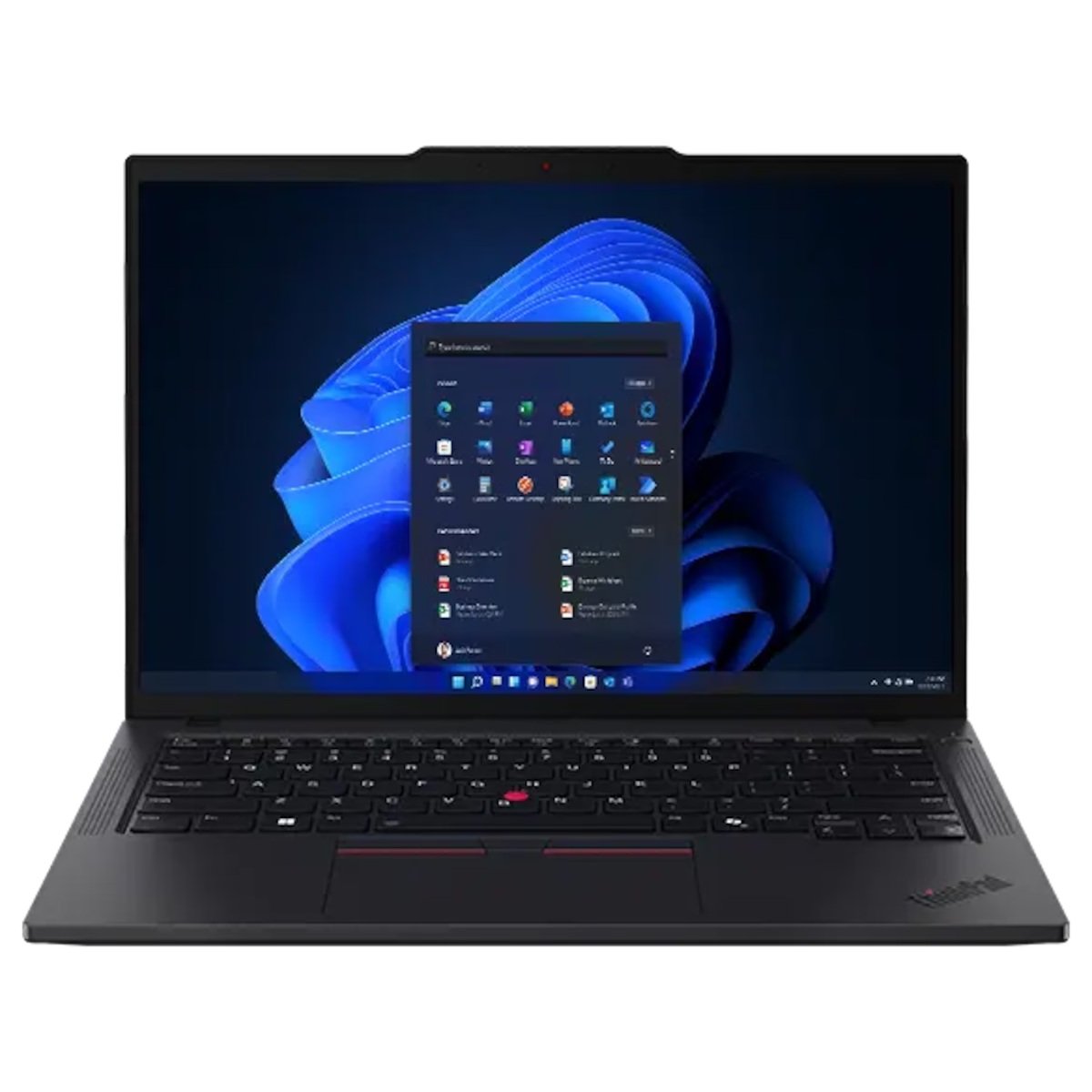 Far-off view of Lenovo ThinkPad T14 Gen 5 (14” AMD) Eclipse Black laptop opened at 90 degrees, focusing its keyboard & display with Windows Copilot menu opened on the right of screen.