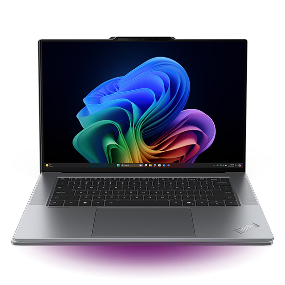 Front-facing Windows 11 Copilot+ PC display & keyboard with haptic TouchPad on the Lenovo ThinkPad X9 15p Aura Edition laptop.
